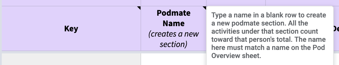 Help text when hovering on spreadsheet columns